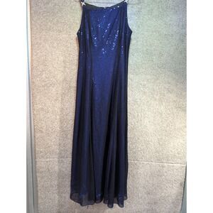 Betsy & Adam Vintage Blue Sequin Gown Rhinestone Strap Formal Dress Size 12